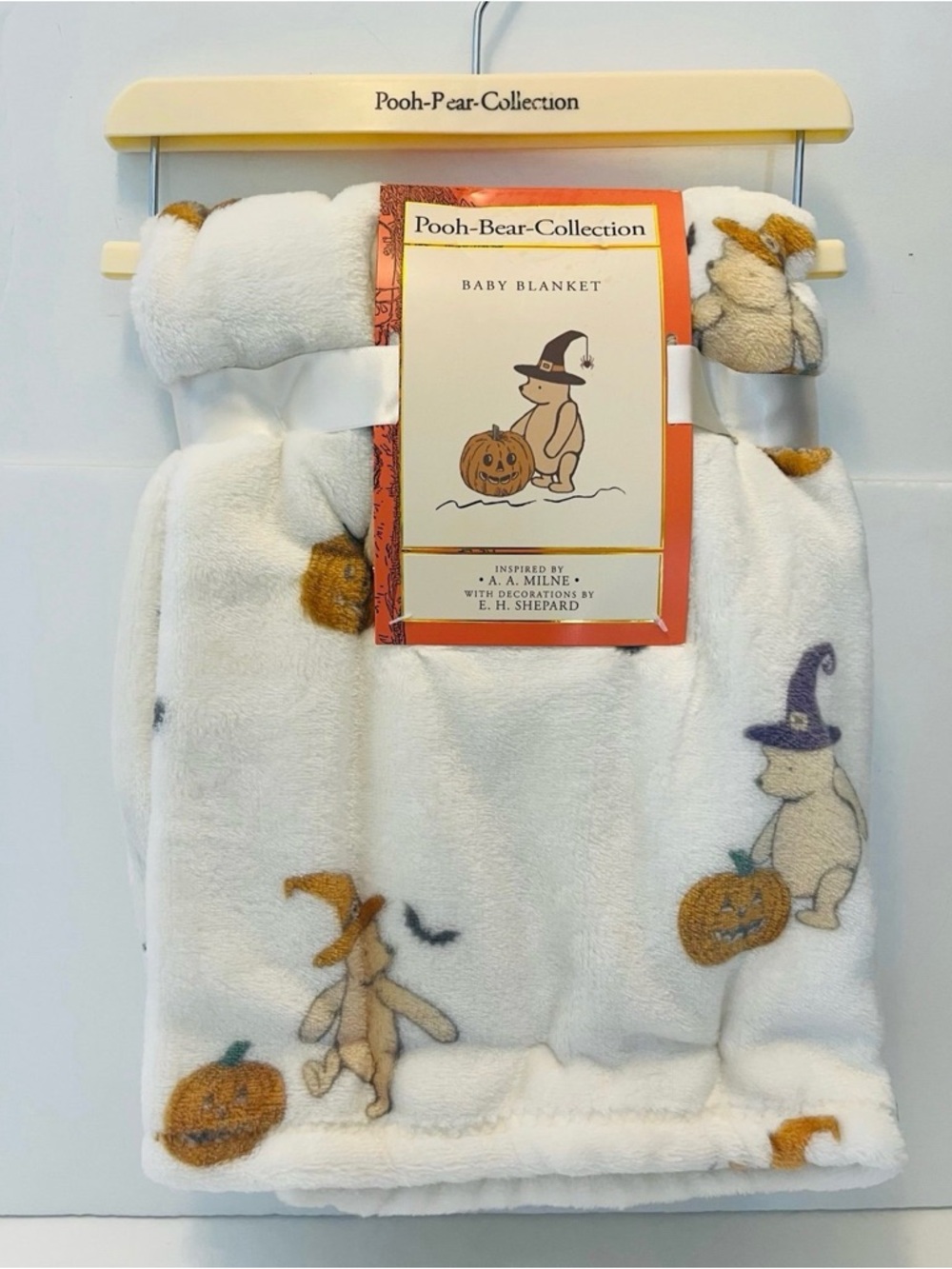 Winnie the Pooh Bear Collection Halloween Baby Blanket Jack-o-Lanterns Witch Hat